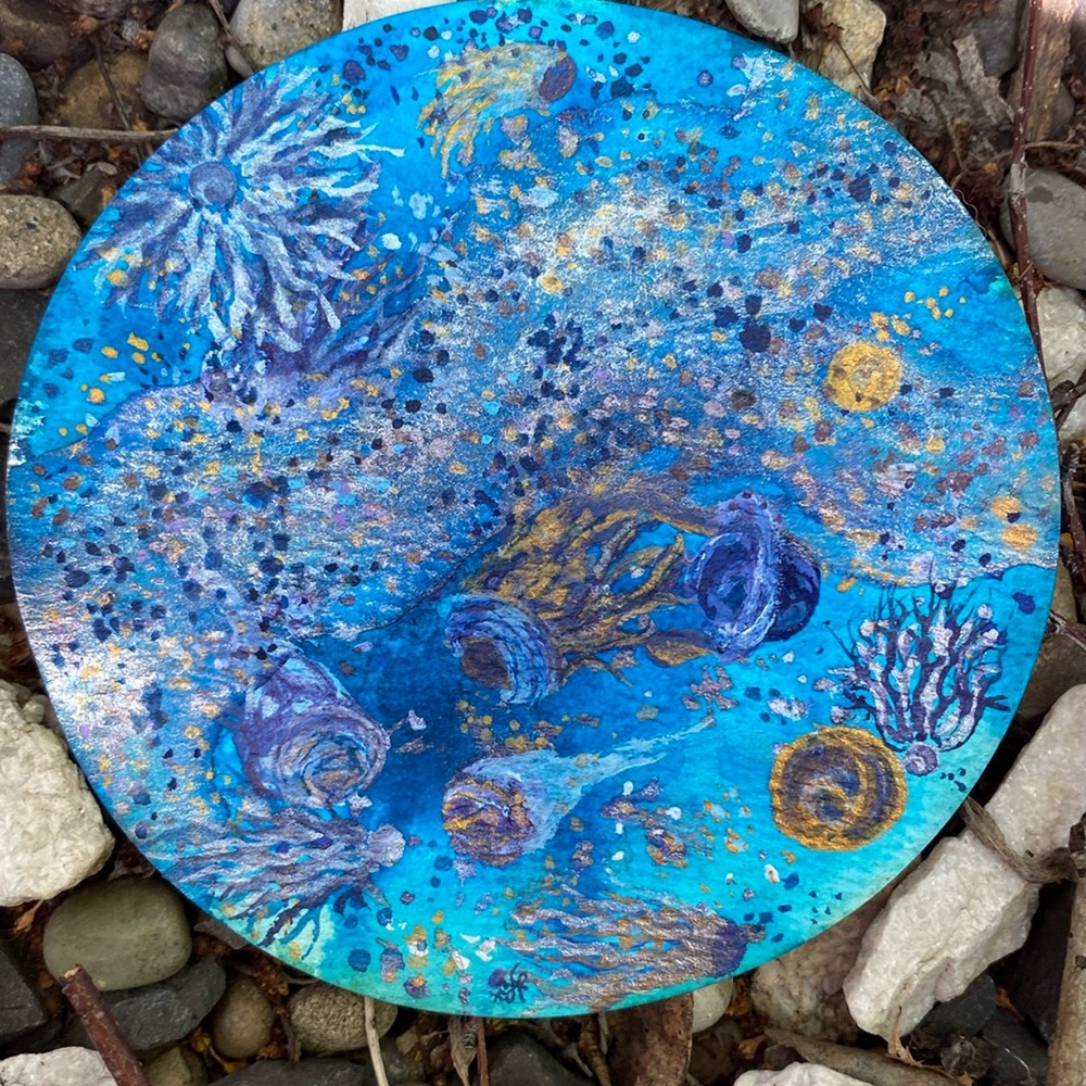 Unframed Original Art Watercolour & Brusho on Circular Paper Cosmic Ocean Vibes